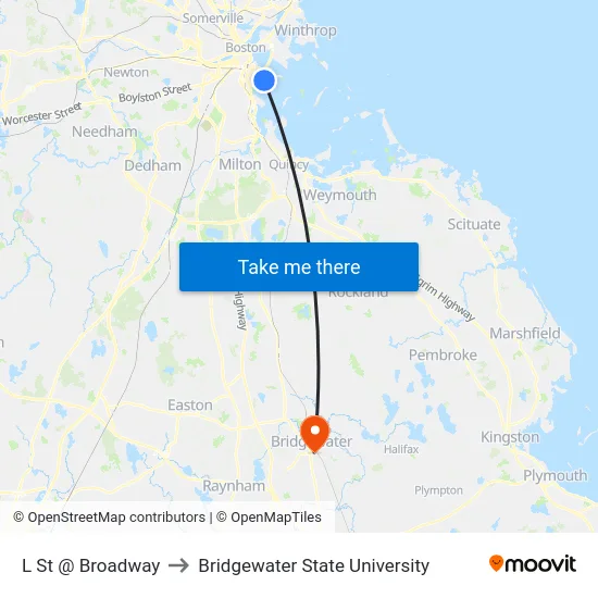 L St @ Broadway to Bridgewater State University map