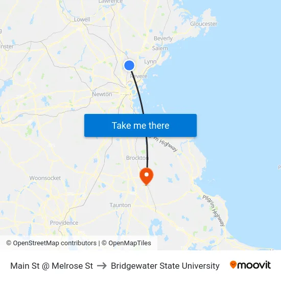 Main St @ Melrose St to Bridgewater State University map