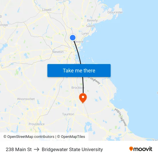 238 Main St to Bridgewater State University map