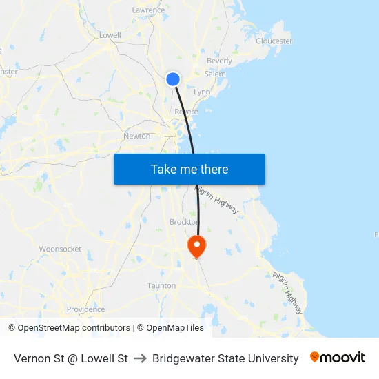 Vernon St @ Lowell St to Bridgewater State University map