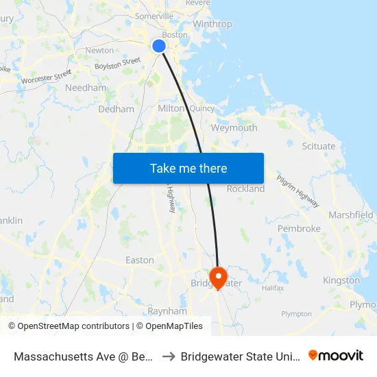Massachusetts Ave @ Beacon St to Bridgewater State University map