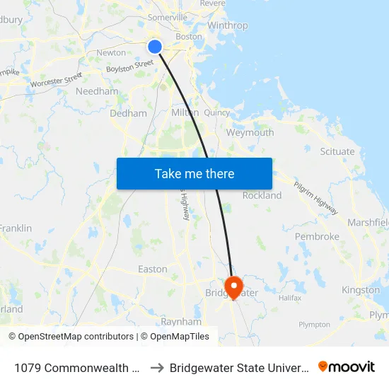 1079 Commonwealth Ave to Bridgewater State University map