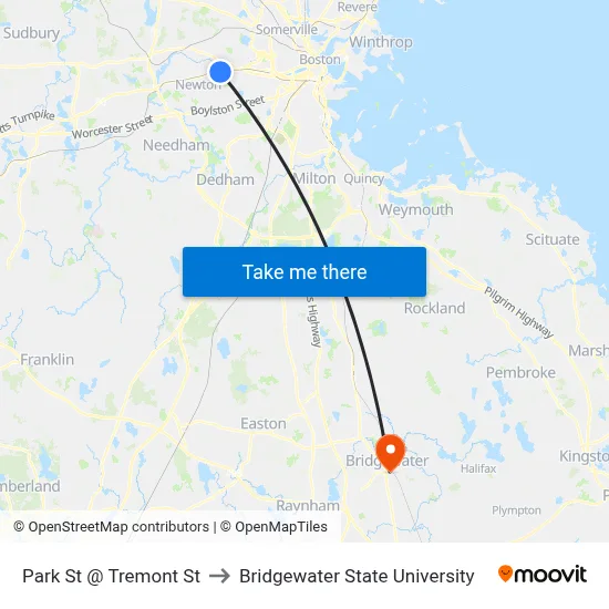 Park St @ Tremont St to Bridgewater State University map