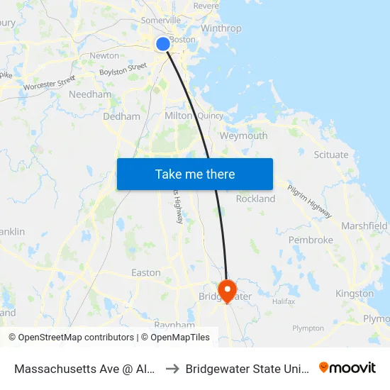 Massachusetts Ave @ Albany St to Bridgewater State University map
