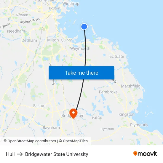 Hull to Bridgewater State University map