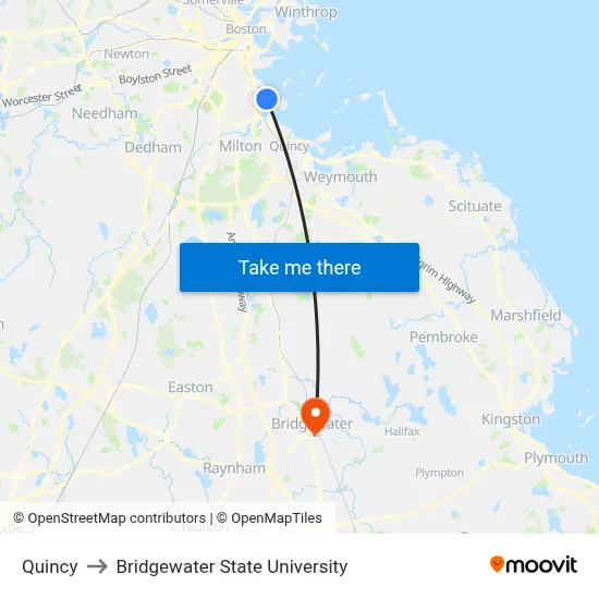 Quincy to Bridgewater State University map