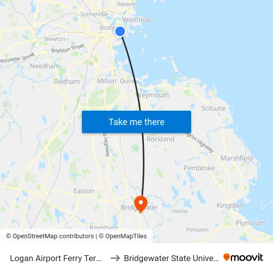 Logan Airport Ferry Terminal to Bridgewater State University map