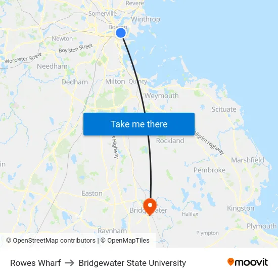 Rowes Wharf to Bridgewater State University map