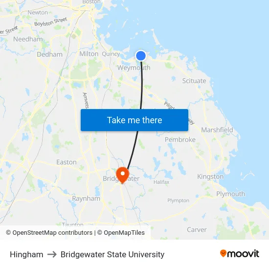 Hingham to Bridgewater State University map