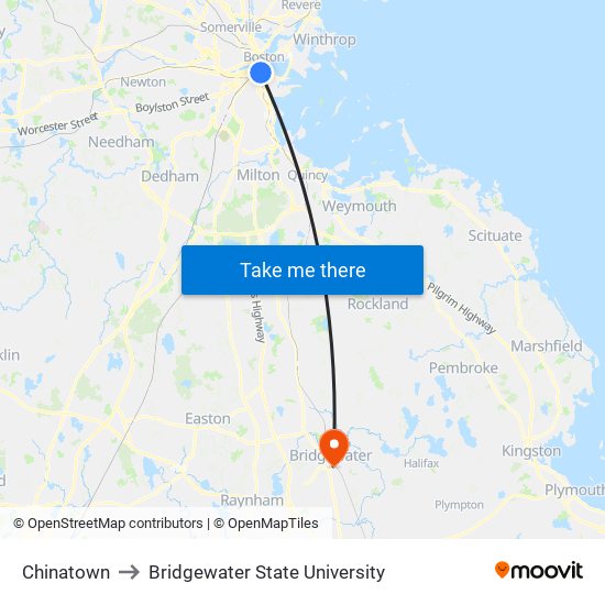 Chinatown to Bridgewater State University map