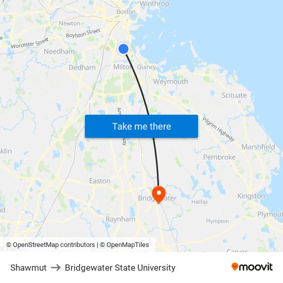 Shawmut to Bridgewater State University map