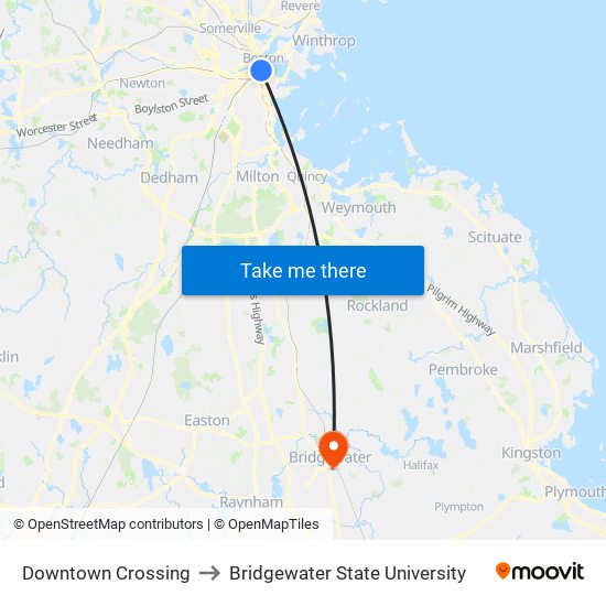 Downtown Crossing to Bridgewater State University map