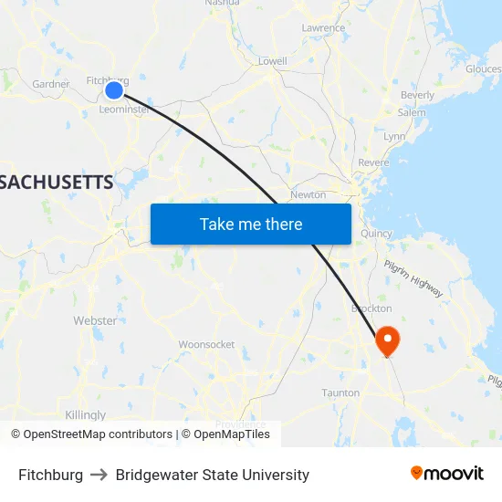 Fitchburg to Bridgewater State University map