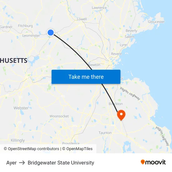 Ayer to Bridgewater State University map
