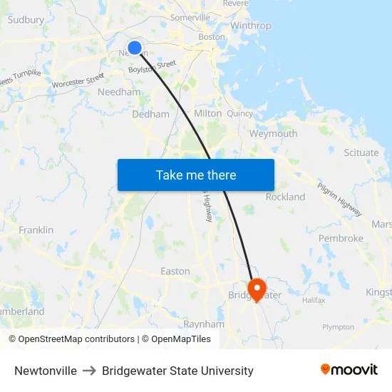 Newtonville to Bridgewater State University map