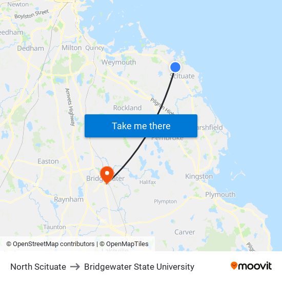 North Scituate to Bridgewater State University map