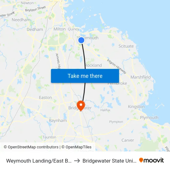 Weymouth Landing/East Braintree to Bridgewater State University map