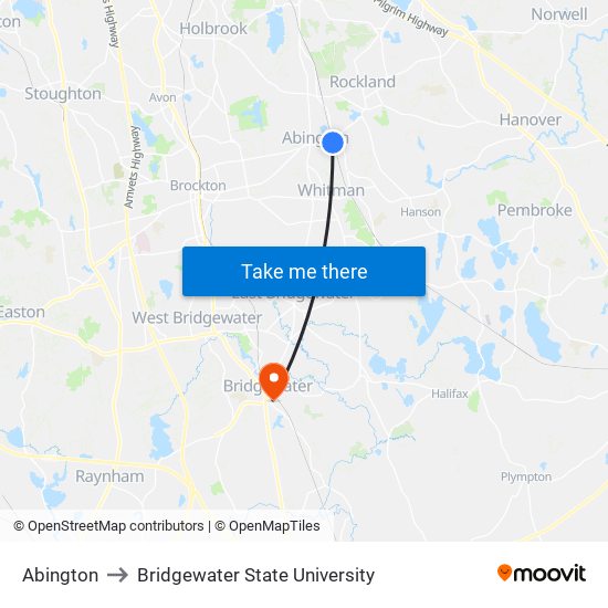 Abington to Bridgewater State University map