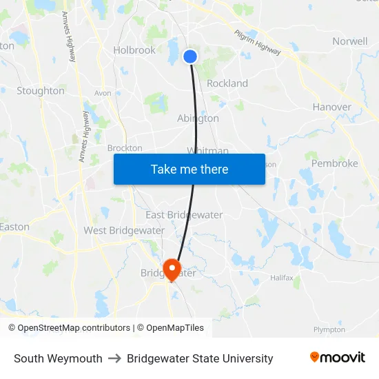South Weymouth to Bridgewater State University map