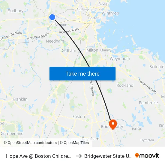 Hope Ave @ Boston Children's Waltham to Bridgewater State University map