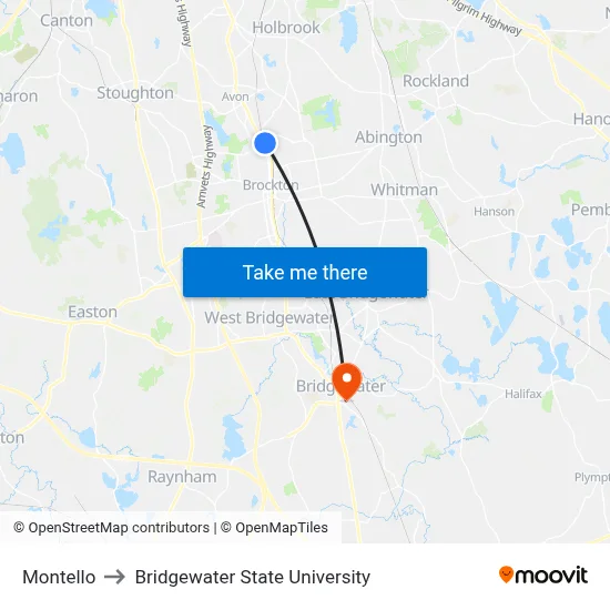 Montello to Bridgewater State University map