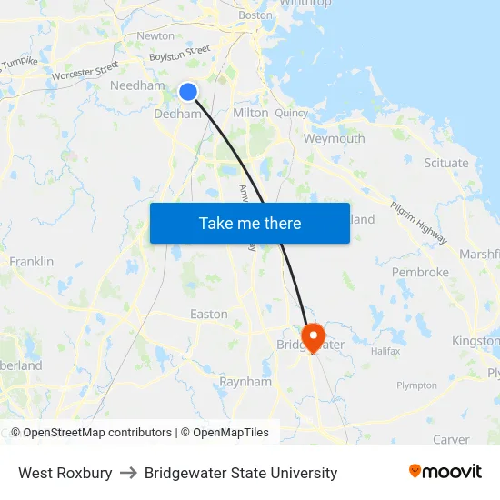 West Roxbury to Bridgewater State University map
