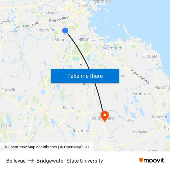 Bellevue to Bridgewater State University map