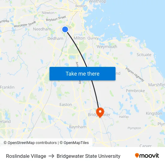 Roslindale Village to Bridgewater State University map