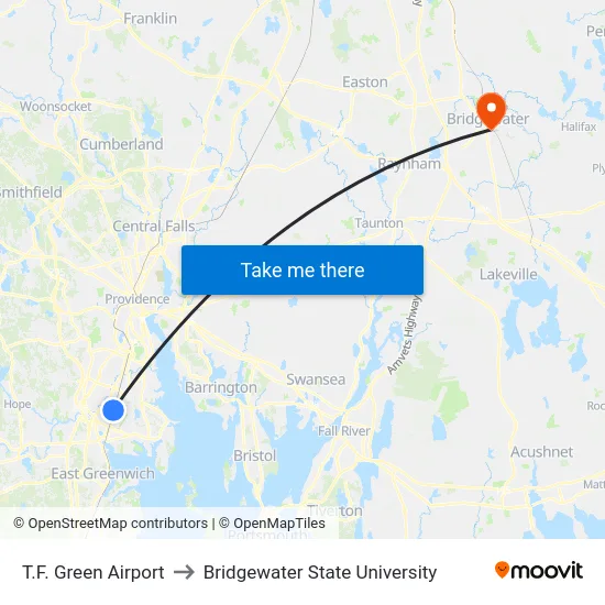 T.F. Green Airport to Bridgewater State University map