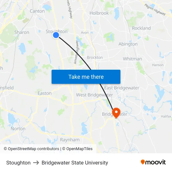 Stoughton to Bridgewater State University map