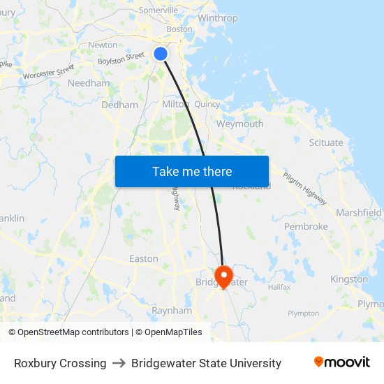 Roxbury Crossing to Bridgewater State University map