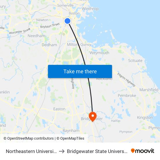 Northeastern University to Bridgewater State University map