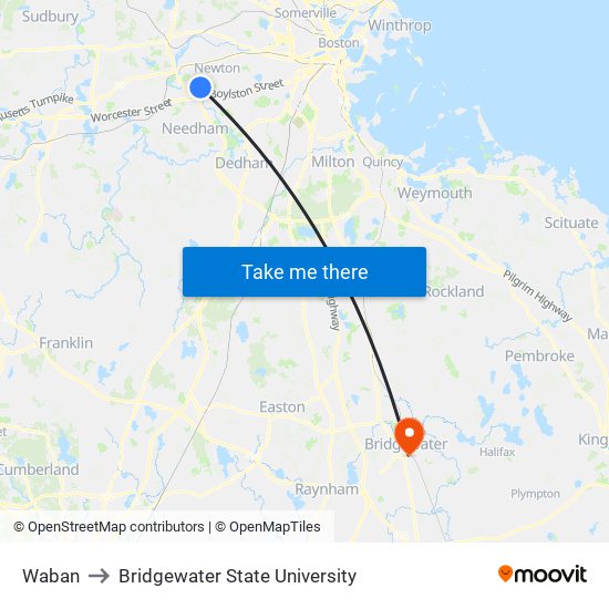 Waban to Bridgewater State University map
