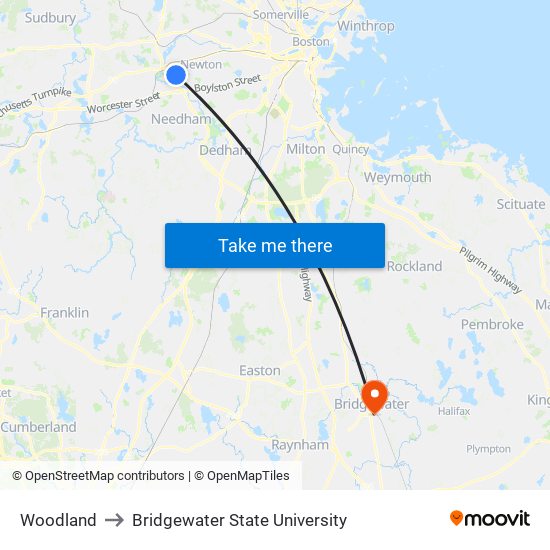 Woodland to Bridgewater State University map