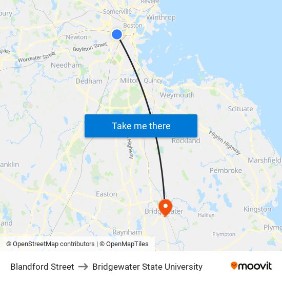 Blandford Street to Bridgewater State University map