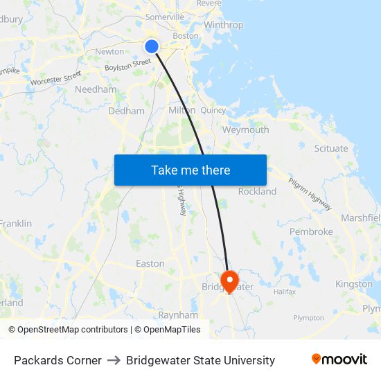 Packards Corner to Bridgewater State University map