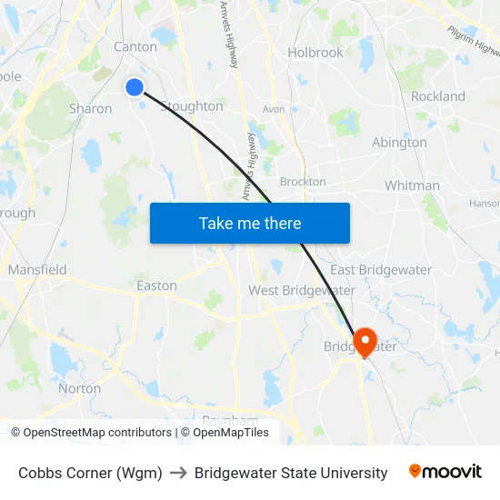 Cobbs Corner (Wgm) to Bridgewater State University map