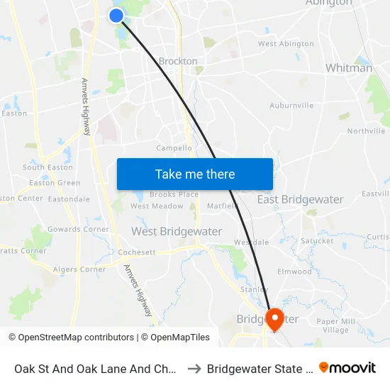Oak St And Oak Lane And Chateau Westgate to Bridgewater State University map