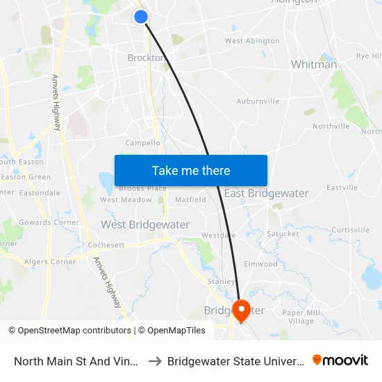 North Main St And Vine St to Bridgewater State University map