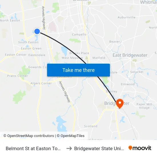 Belmont St at Easton Town Line to Bridgewater State University map