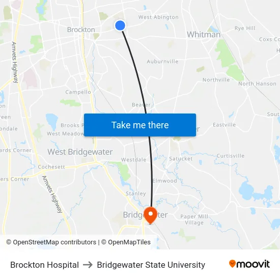 Brockton Hospital to Bridgewater State University map