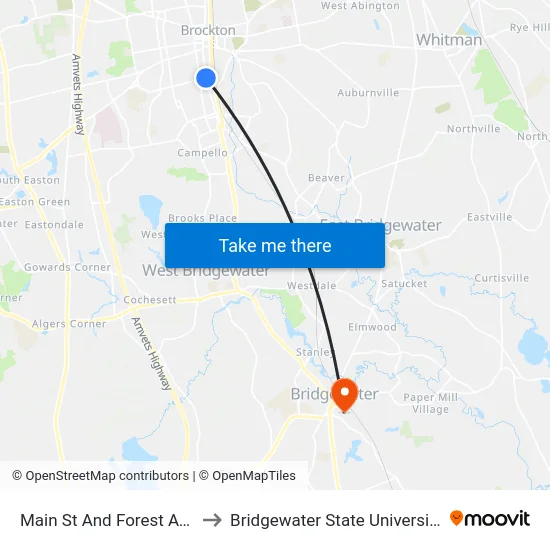 Main St And Forest Ave to Bridgewater State University map