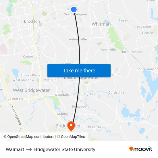 Walmart to Bridgewater State University map