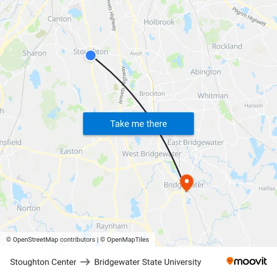 Stoughton Center to Bridgewater State University map