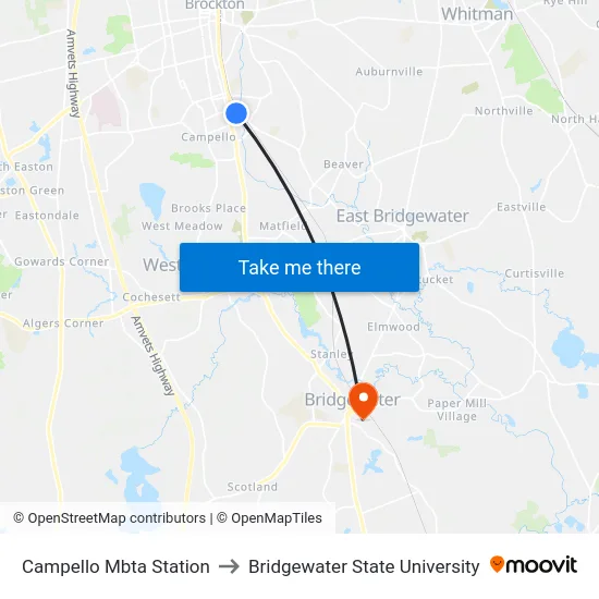 Campello Mbta Station to Bridgewater State University map