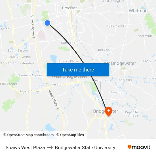 Shaws West Plaza to Bridgewater State University map