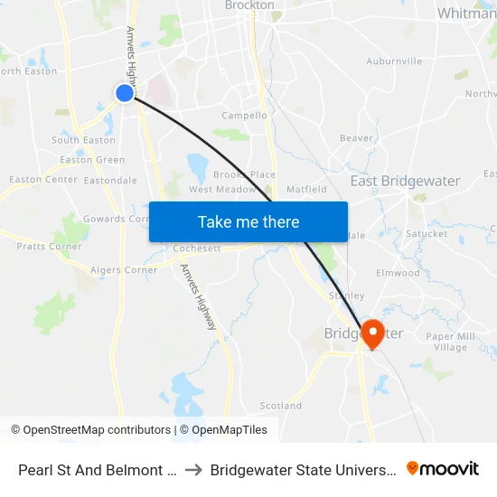 Pearl St And Belmont St to Bridgewater State University map