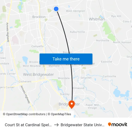 Court St at Cardinal Spellman to Bridgewater State University map