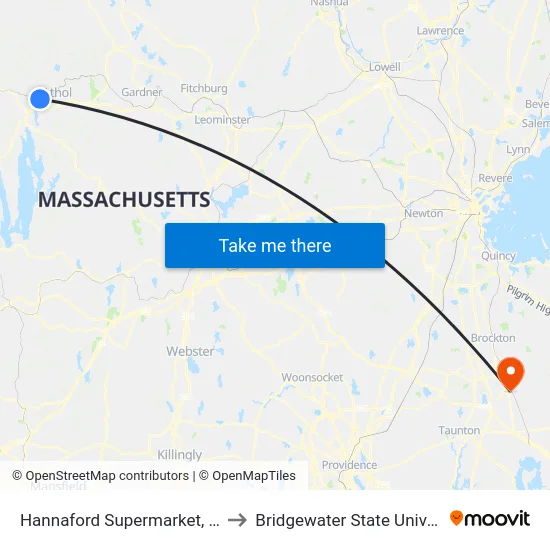 Hannaford Supermarket, Athol to Bridgewater State University map