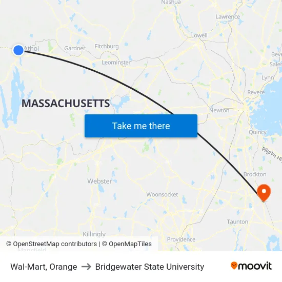 Wal-Mart, Orange to Bridgewater State University map